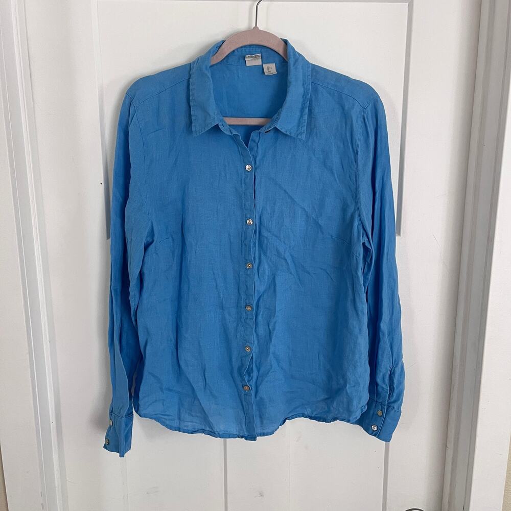 Joie Blue Linen Button Down Shirt Long Sleeve Large Greek Euro Vacation